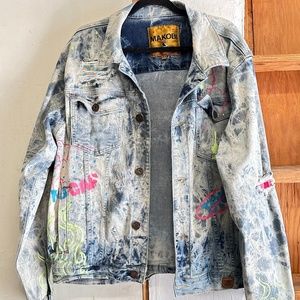 Makobi Mens Jacket Hip Hop Acid Wash Blue Red Denim Jean Distressed Ripped M1052